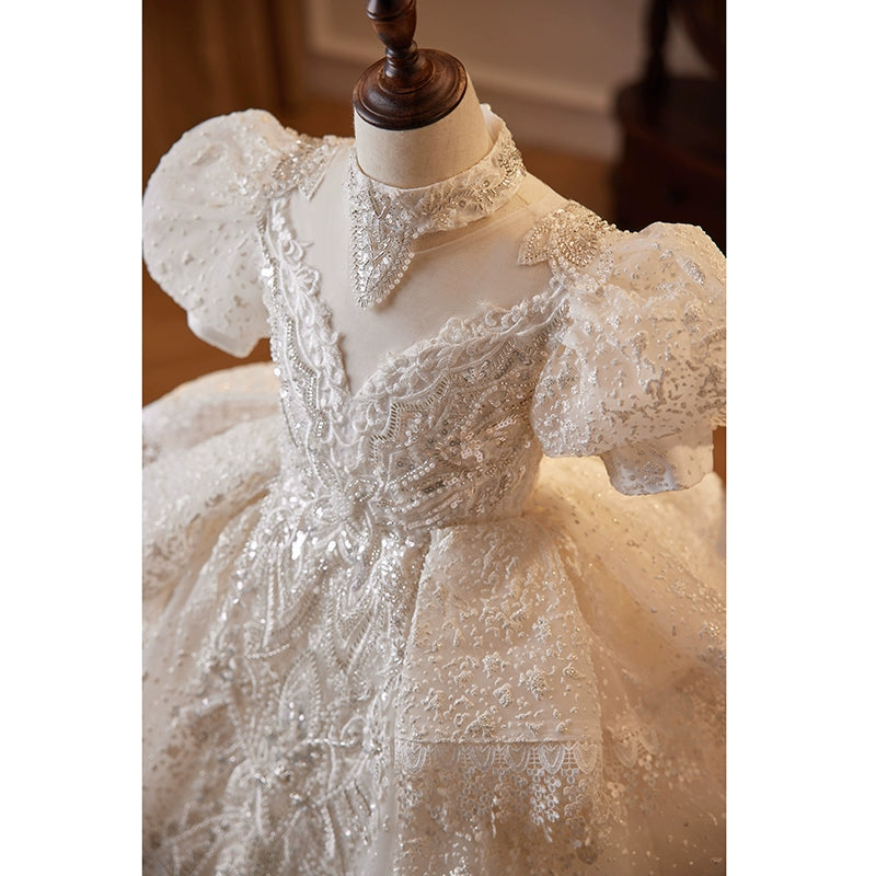 Princess White Lace Crossed Straps Baptism Lace Floor Length Short Sleeve Puff Sleeve V-Neck Flower Girl Dress