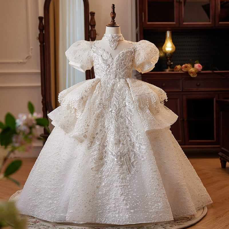 Princess White Lace Crossed Straps Baptism Lace Floor Length Short Sleeve Puff Sleeve V-Neck Flower Girl Dress