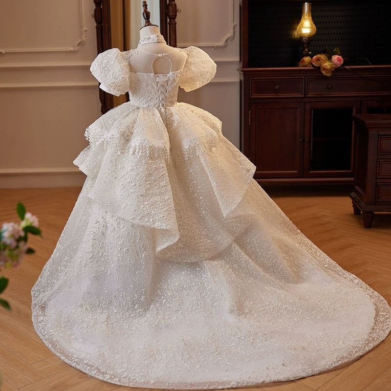 Princess White Lace Crossed Straps Baptism Lace Floor Length Short Sleeve Puff Sleeve V-Neck Flower Girl Dress
