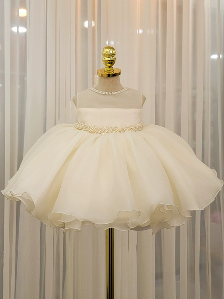 Princess White Organza Back Zip Baptism Cascading Ruffles Tea Length Sleeveless Round Flower Girl Dress