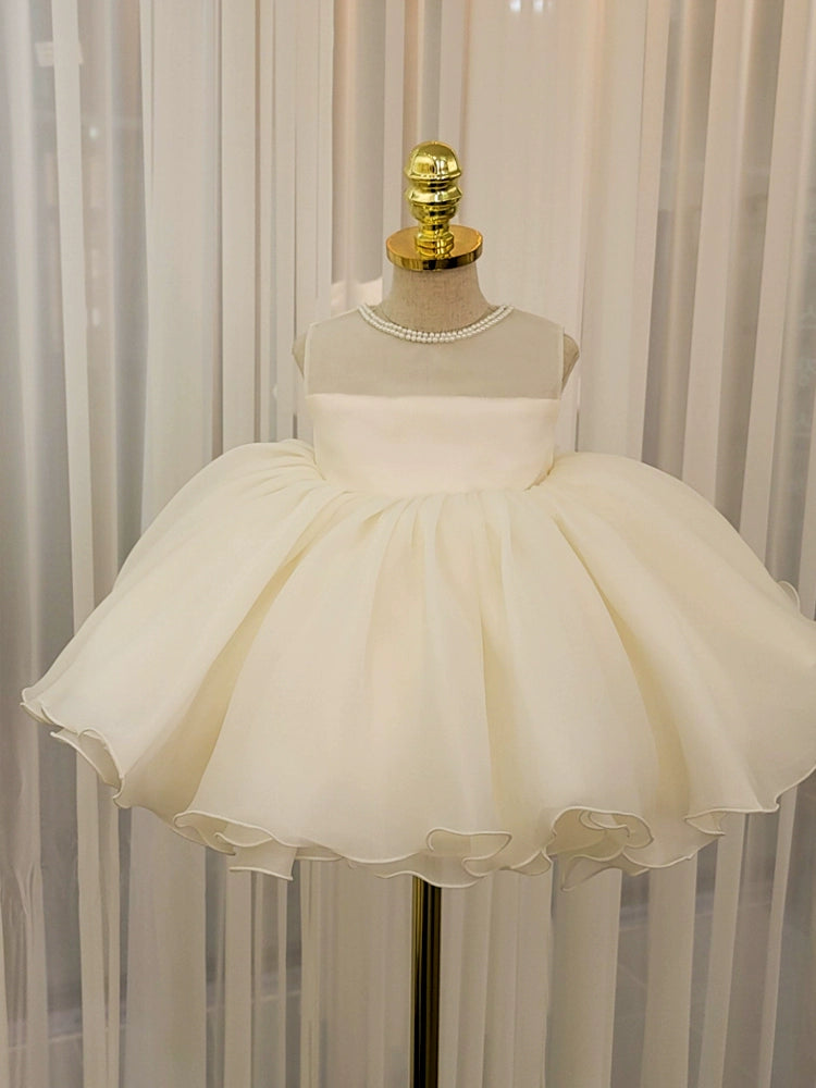 Princess White Organza Back Zip Baptism Cascading Ruffles Tea Length Sleeveless Round Flower Girl Dress