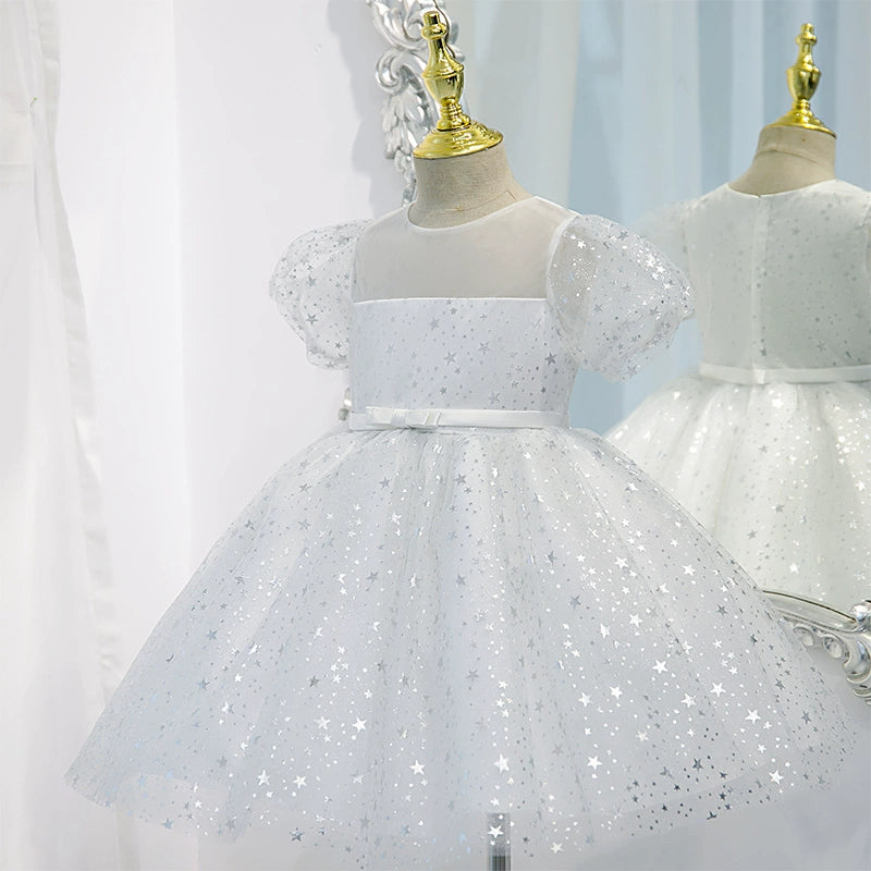 Princess White Organza Back Zip Baptism Sequins Tea Length Short Sleeve Puff Sleeve Round Flower Girl Dress