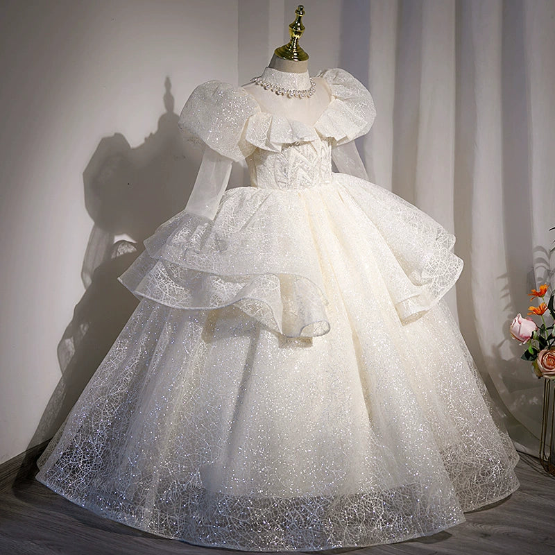 Princess White Organza Crossed Straps Baptism Beaded Floor Length Long Sleeve Puff Sleeve Jewel Neck Flower Girl Dress