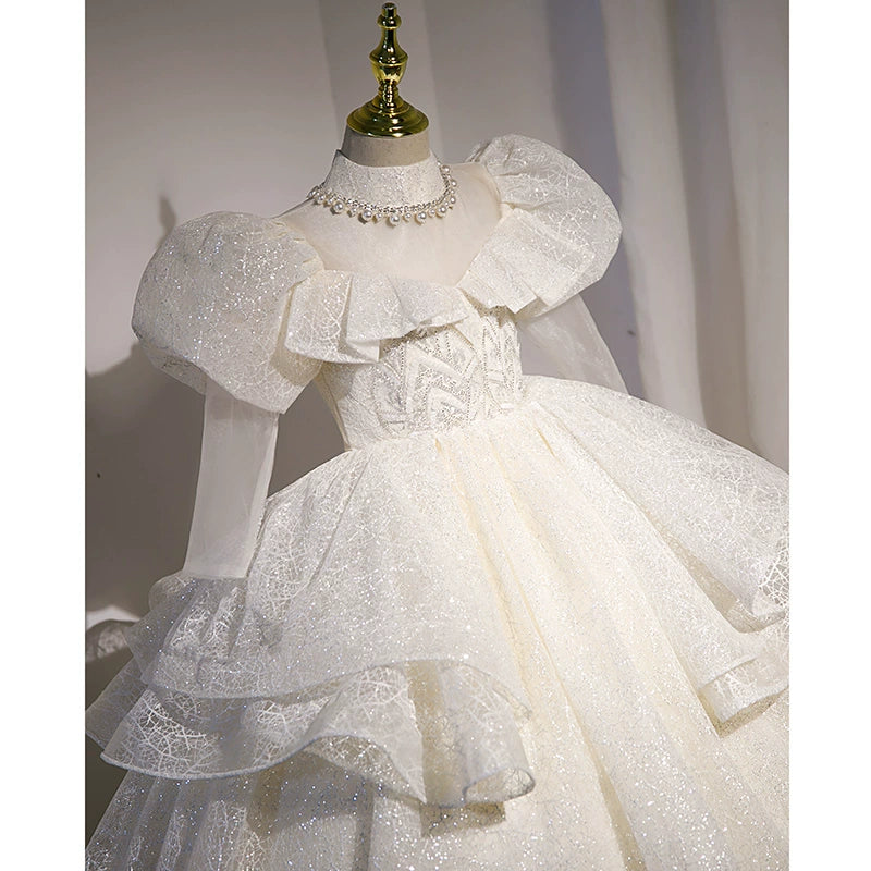 Princess White Organza Crossed Straps Baptism Beaded Floor Length Long Sleeve Puff Sleeve Jewel Neck Flower Girl Dress