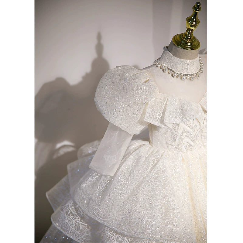 Princess White Organza Crossed Straps Baptism Beaded Floor Length Long Sleeve Puff Sleeve Jewel Neck Flower Girl Dress