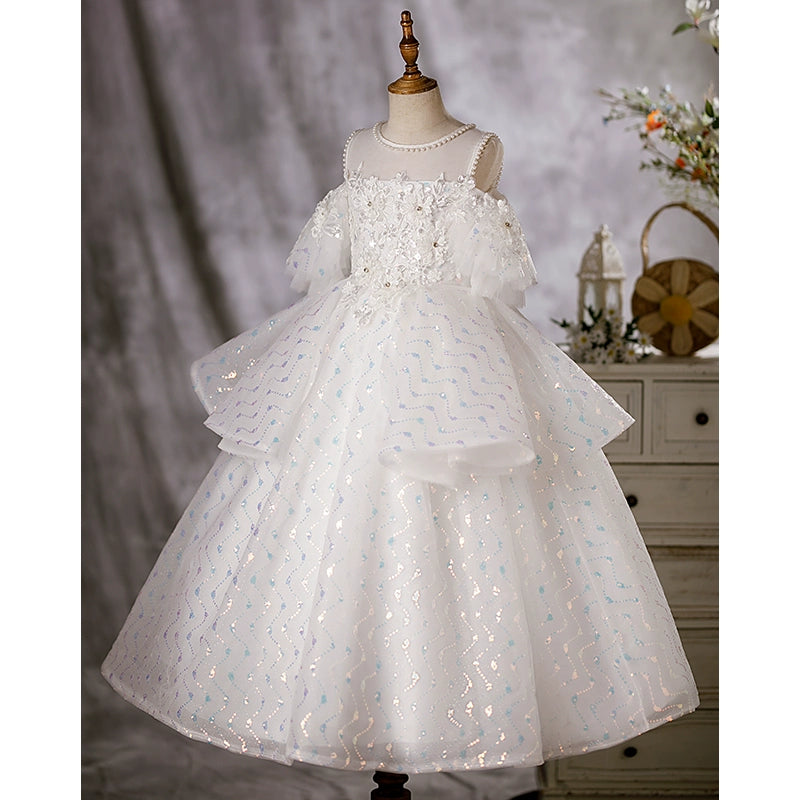 Princess White Organza Crossed Straps Baptism Lace Floor Length Sleeveless Cold Shoulder Sleeve Jewel Neck Flower Girl Dress
