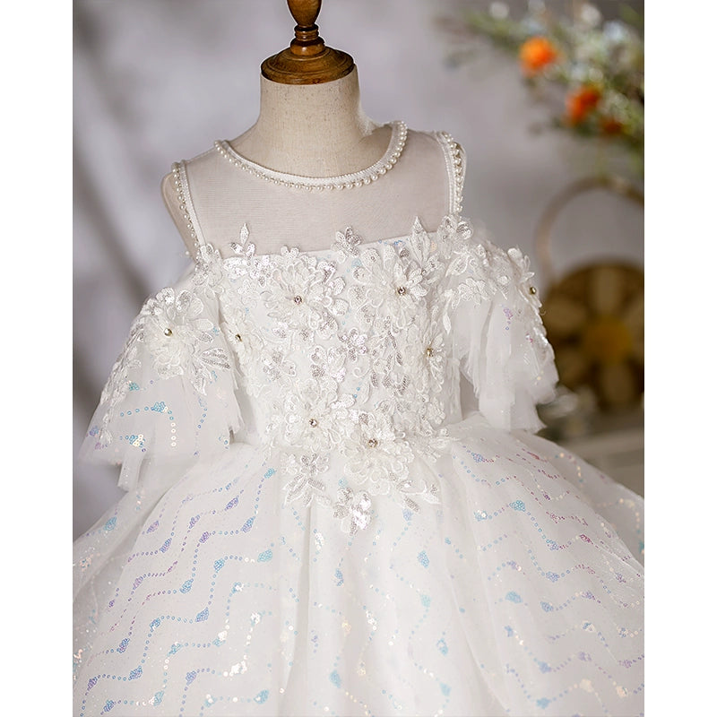 Princess White Organza Crossed Straps Baptism Lace Floor Length Sleeveless Cold Shoulder Sleeve Jewel Neck Flower Girl Dress