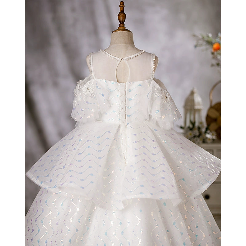 Princess White Organza Crossed Straps Baptism Lace Floor Length Sleeveless Cold Shoulder Sleeve Jewel Neck Flower Girl Dress