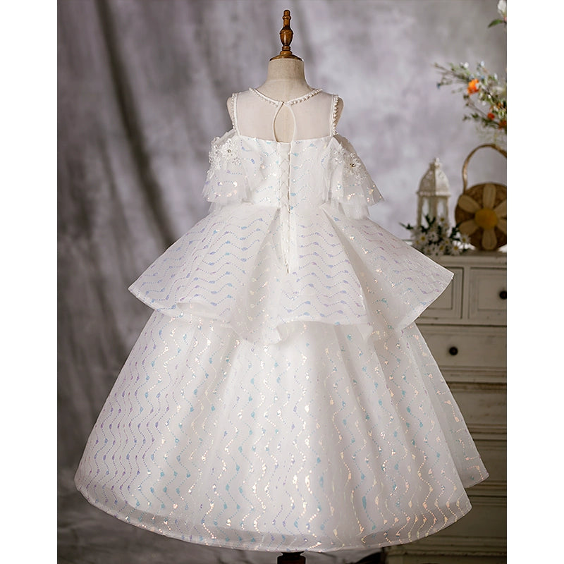 Princess White Organza Crossed Straps Baptism Lace Floor Length Sleeveless Cold Shoulder Sleeve Jewel Neck Flower Girl Dress