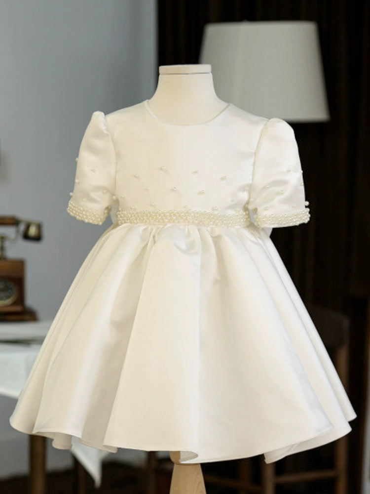 Princess White Satin Back Zip Baptism Beaded Tea Length Short Sleeve Puff Sleeve Round Flower Girl Dress