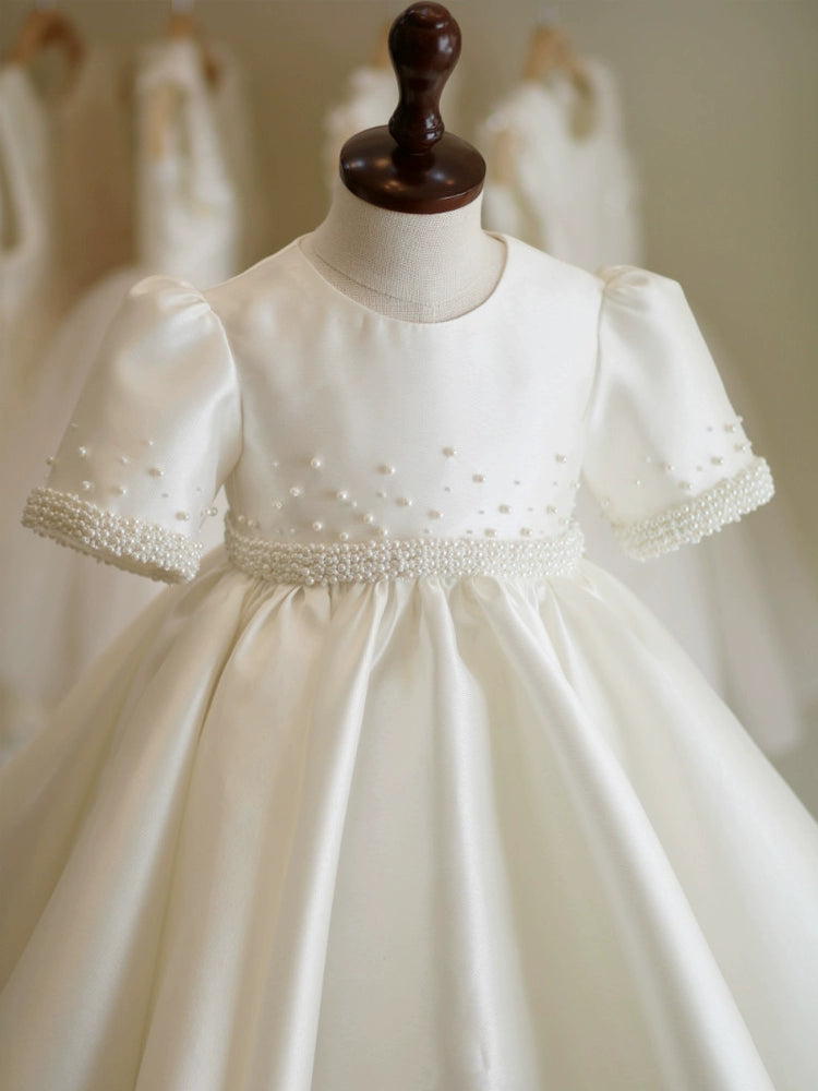Princess White Satin Back Zip Baptism Beaded Tea Length Short Sleeve Puff Sleeve Round Flower Girl Dress