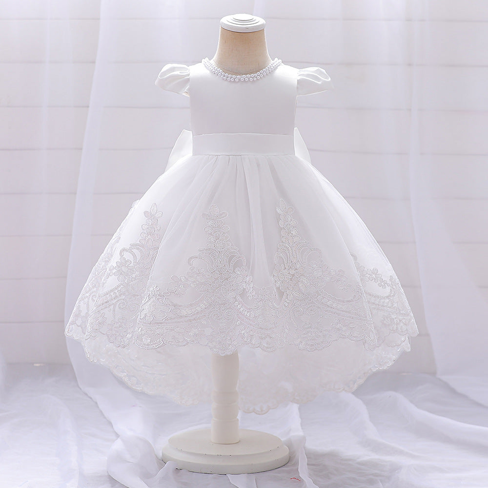 Princess White Satin Back Zip Baptism Lace Tea Length Short Sleeve Cap Sleeve Jewel Neck Flower Girl Dress