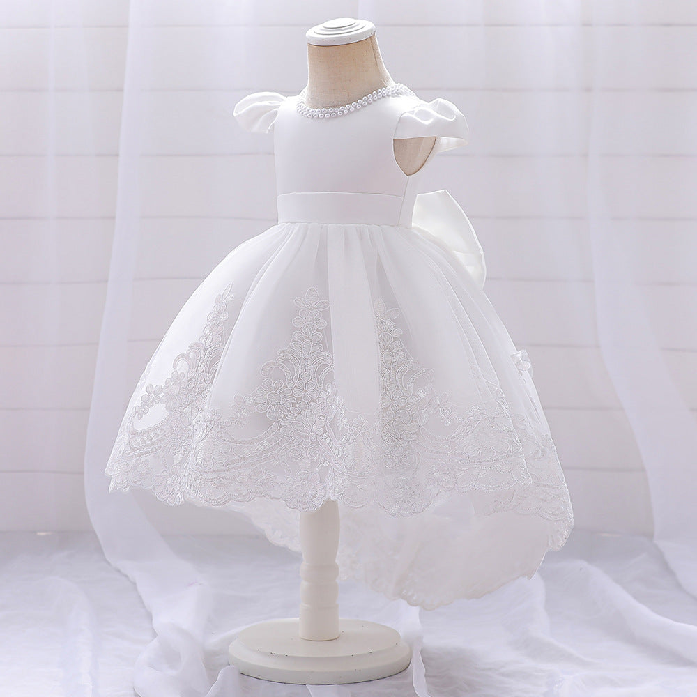 Princess White Satin Back Zip Baptism Lace Tea Length Short Sleeve Cap Sleeve Jewel Neck Flower Girl Dress