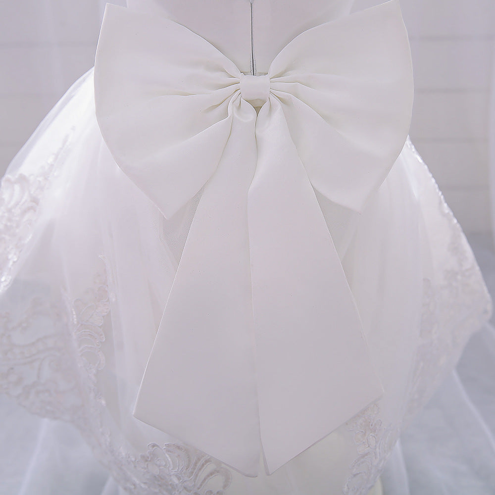 Princess White Satin Back Zip Baptism Lace Tea Length Short Sleeve Cap Sleeve Jewel Neck Flower Girl Dress