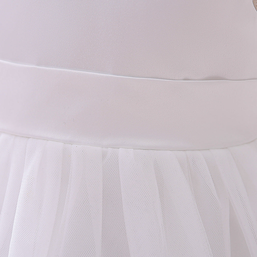 Princess White Satin Back Zip Baptism Lace Tea Length Short Sleeve Cap Sleeve Jewel Neck Flower Girl Dress