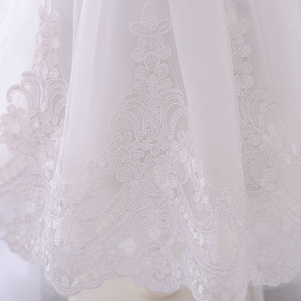 Princess White Satin Back Zip Baptism Lace Tea Length Short Sleeve Cap Sleeve Jewel Neck Flower Girl Dress