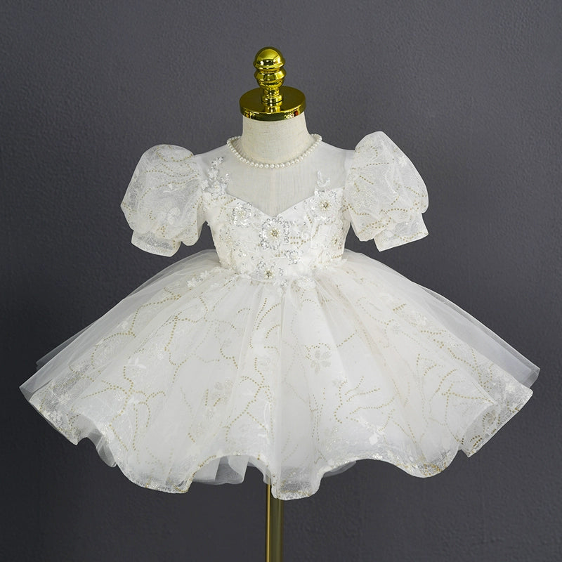 Princess White Tulle Back Zip Baptism Lace Tea Length Short Sleeve Puff Sleeve Sweetheart Flower Girl Dress