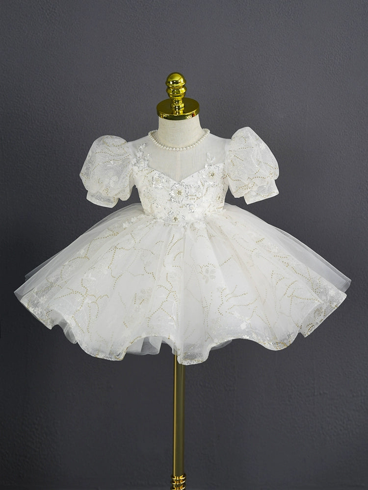 Princess White Tulle Back Zip Baptism Lace Tea Length Short Sleeve Puff Sleeve Sweetheart Flower Girl Dress