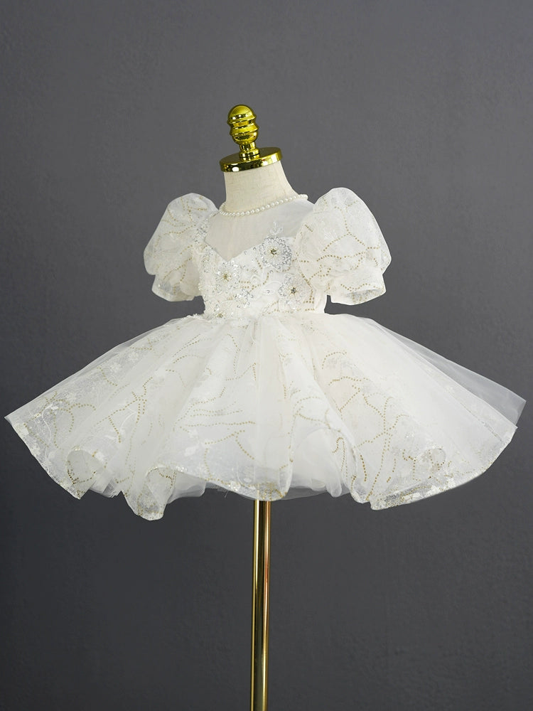 Princess White Tulle Back Zip Baptism Lace Tea Length Short Sleeve Puff Sleeve Sweetheart Flower Girl Dress