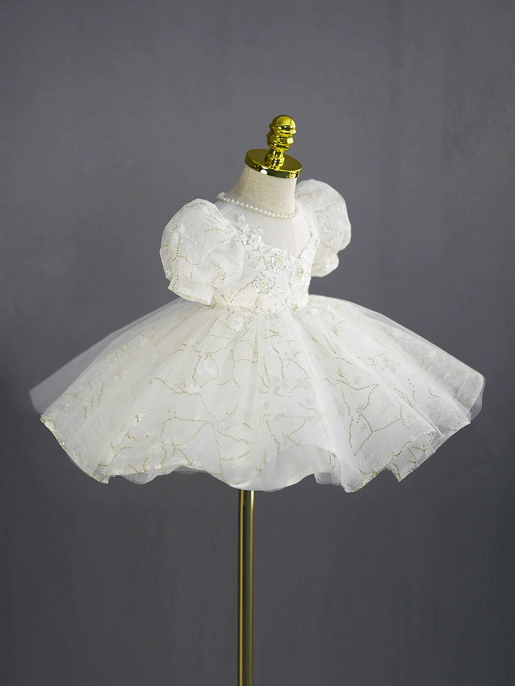 Princess White Tulle Back Zip Baptism Lace Tea Length Short Sleeve Puff Sleeve Sweetheart Flower Girl Dress
