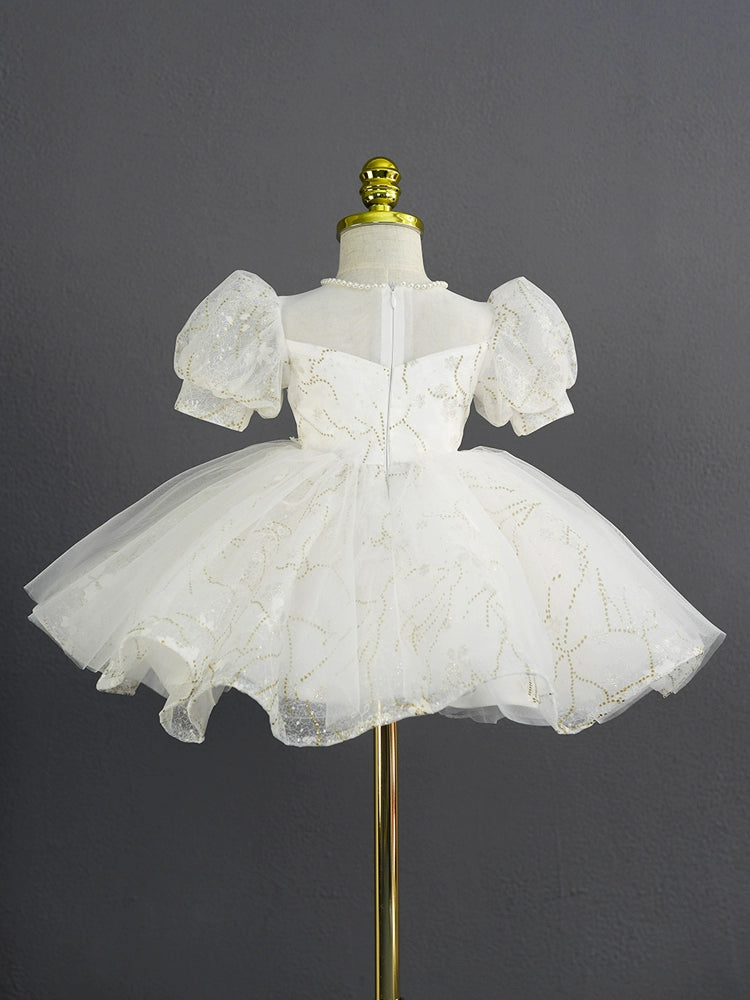 Princess White Tulle Back Zip Baptism Lace Tea Length Short Sleeve Puff Sleeve Sweetheart Flower Girl Dress