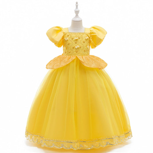 Princess Yellow Lace Back Zip Baptism Lace Floor Length Short Sleeve Puff Sleeve Square Flower Girl Dress