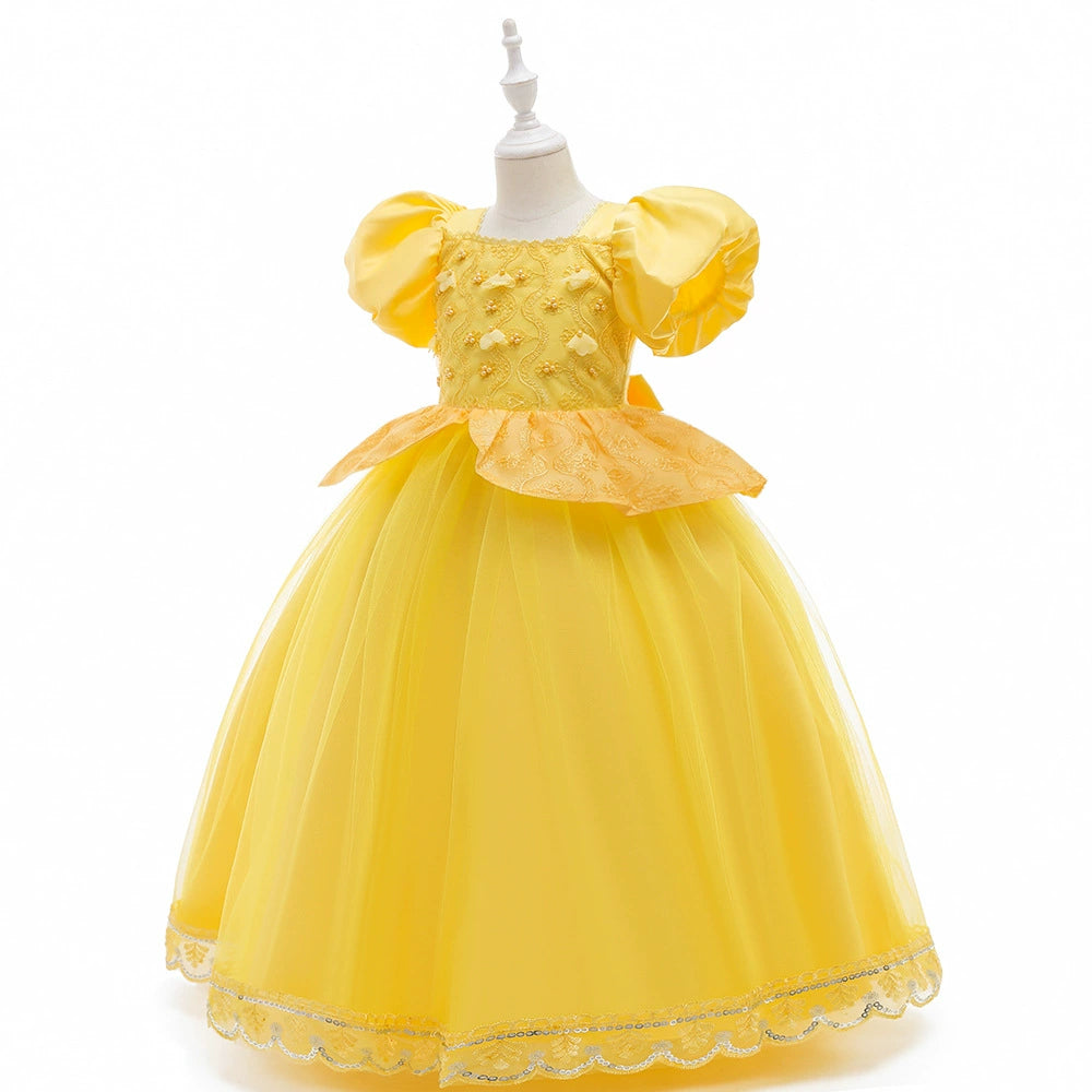 Princess Yellow Lace Back Zip Baptism Lace Floor Length Short Sleeve Puff Sleeve Square Flower Girl Dress