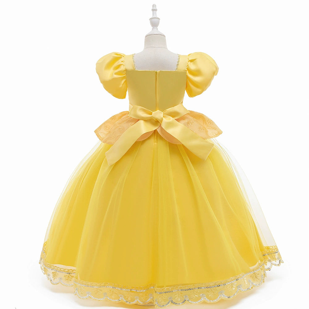 Princess Yellow Lace Back Zip Baptism Lace Floor Length Short Sleeve Puff Sleeve Square Flower Girl Dress
