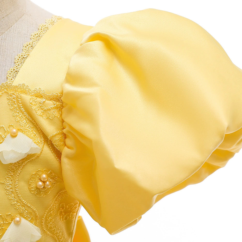 Princess Yellow Lace Back Zip Baptism Lace Floor Length Short Sleeve Puff Sleeve Square Flower Girl Dress