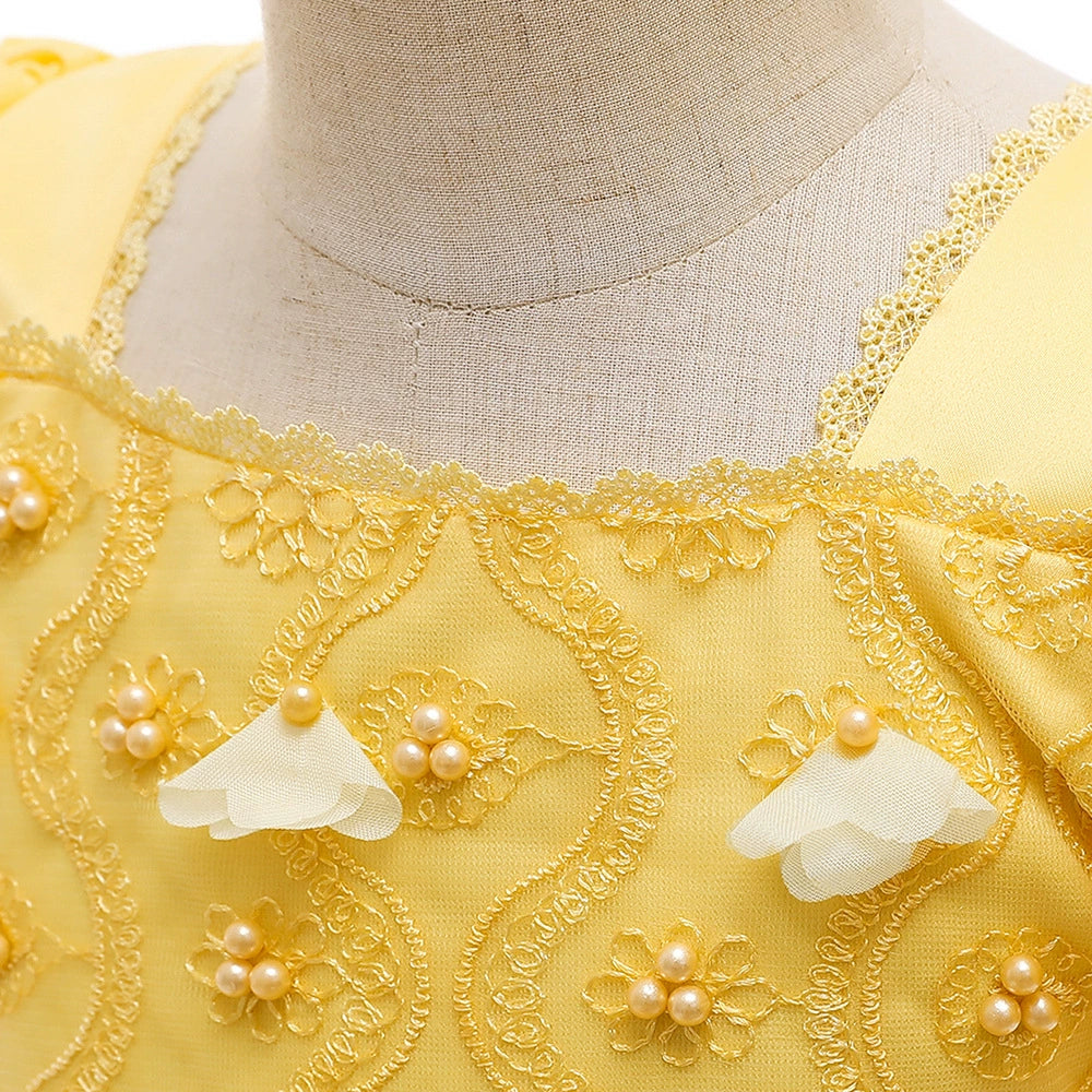 Princess Yellow Lace Back Zip Baptism Lace Floor Length Short Sleeve Puff Sleeve Square Flower Girl Dress