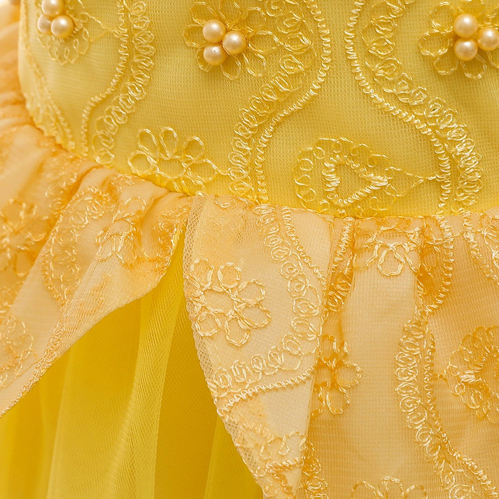 Princess Yellow Lace Back Zip Baptism Lace Floor Length Short Sleeve Puff Sleeve Square Flower Girl Dress