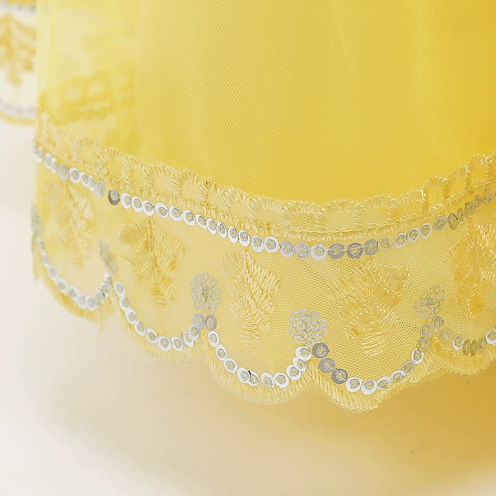 Princess Yellow Lace Back Zip Baptism Lace Floor Length Short Sleeve Puff Sleeve Square Flower Girl Dress