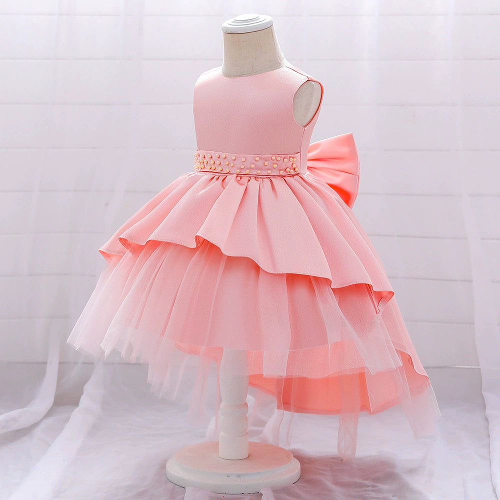 Princess Pink Satin Bow / Tie Back Baptism Beaded Tea Length Sleeveless Round Flower Girl Dress