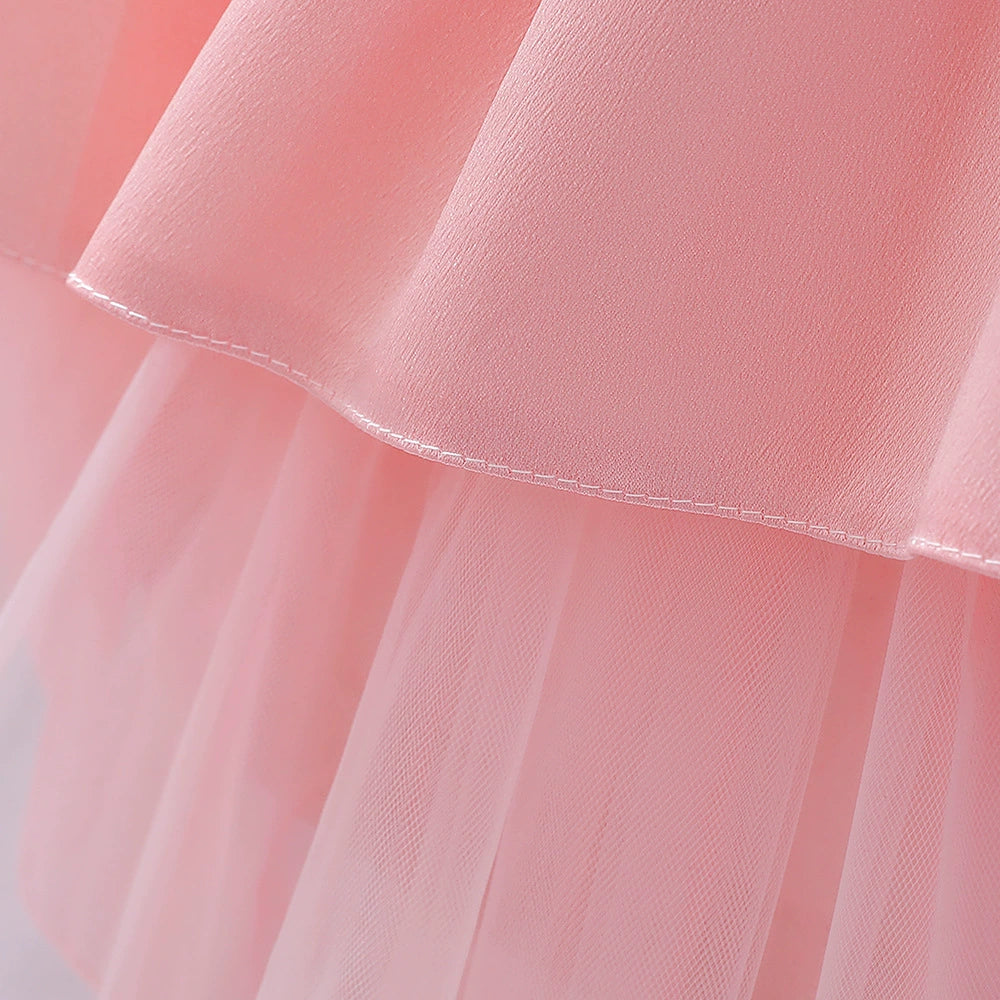 Princess Pink Satin Bow / Tie Back Baptism Beaded Tea Length Sleeveless Round Flower Girl Dress