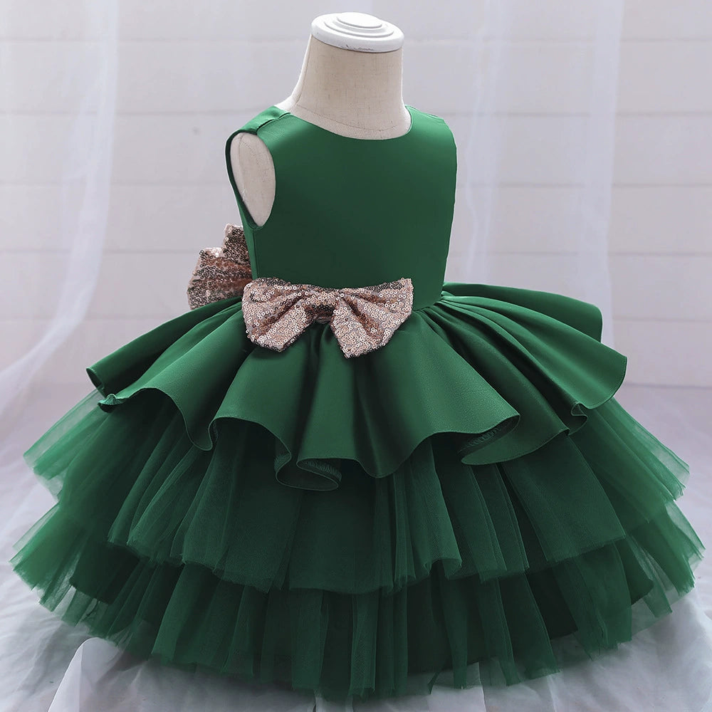 Princess Green Satin Bow / Tie Back Baptism Bow(s) Tea Length Sleeveless Round Flower Girl Dress
