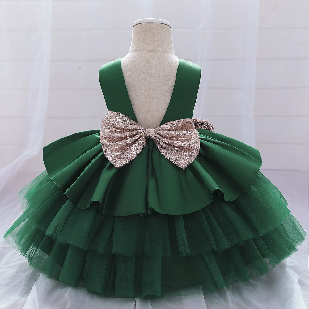 Princess Green Satin Bow / Tie Back Baptism Bow(s) Tea Length Sleeveless Round Flower Girl Dress
