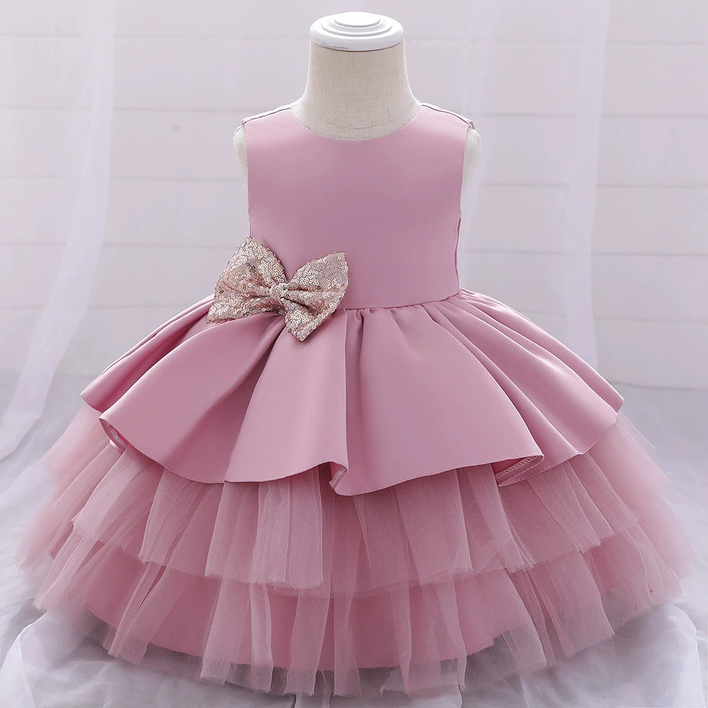 Princess Pink Satin Bow / Tie Back Baptism Bow(s) Tea Length Sleeveless Round Flower Girl Dress