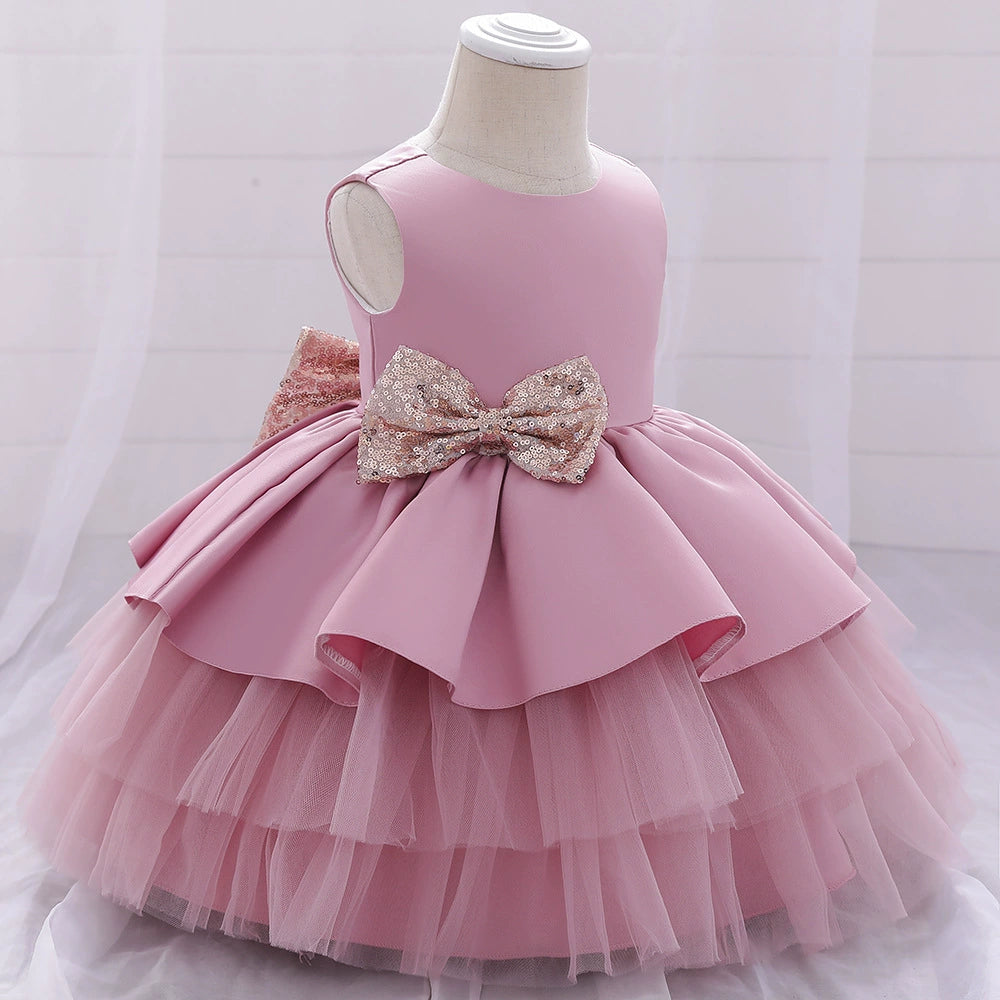 Princess Pink Satin Bow / Tie Back Baptism Bow(s) Tea Length Sleeveless Round Flower Girl Dress