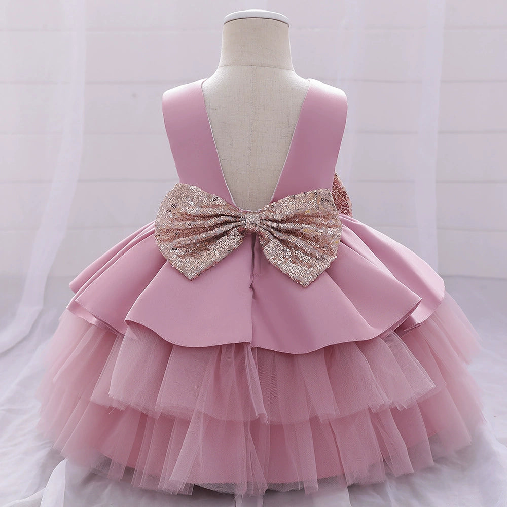 Princess Pink Satin Bow / Tie Back Baptism Bow(s) Tea Length Sleeveless Round Flower Girl Dress