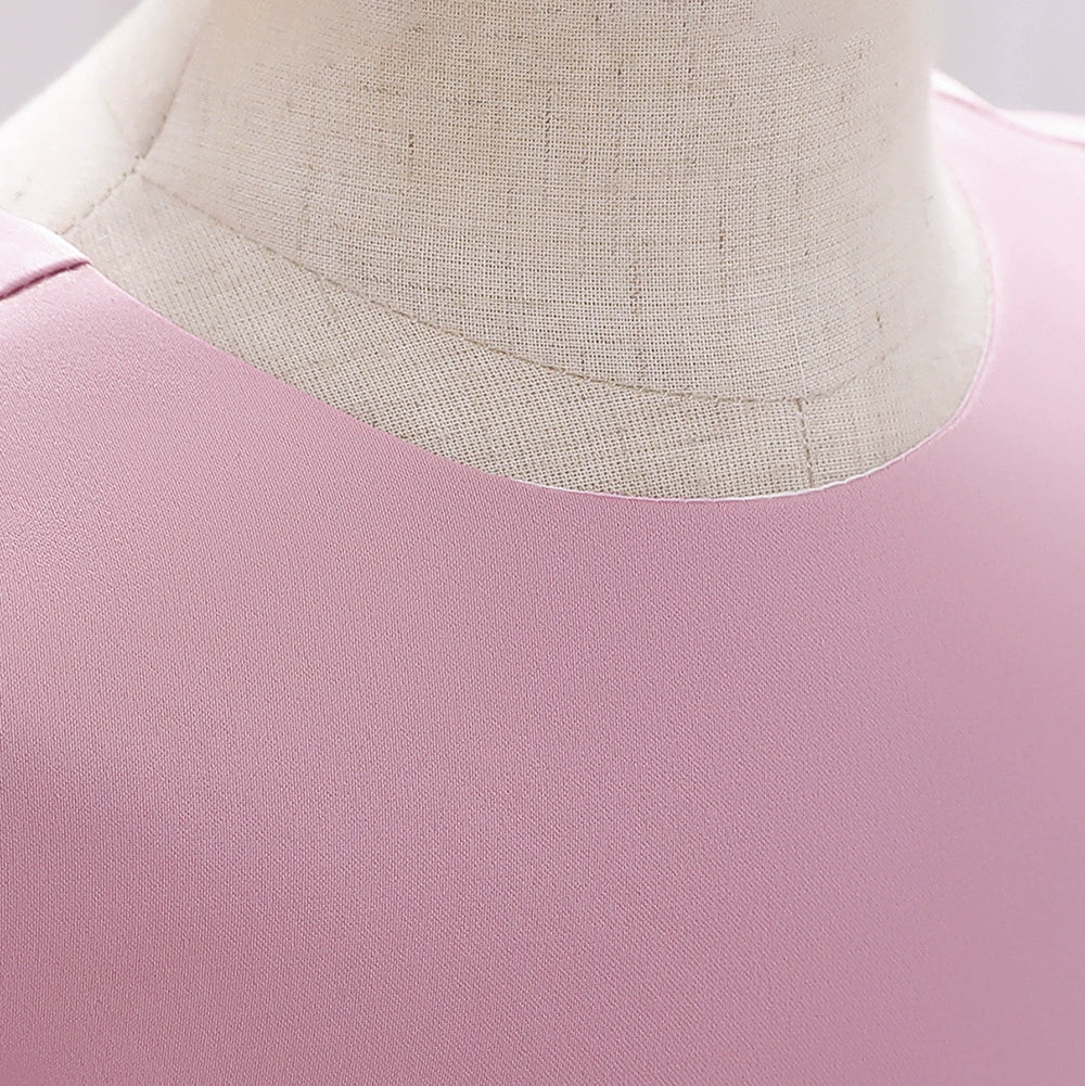 Princess Pink Satin Bow / Tie Back Baptism Bow(s) Tea Length Sleeveless Round Flower Girl Dress