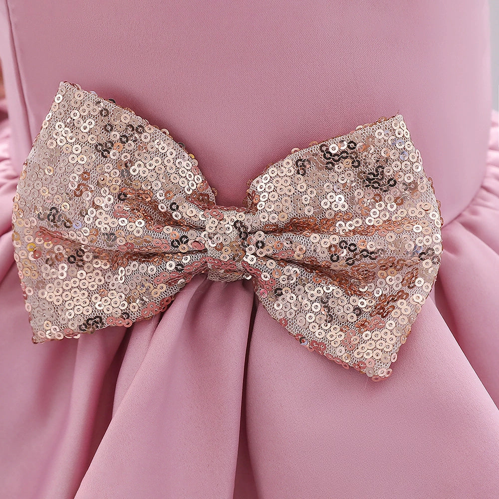 Princess Pink Satin Bow / Tie Back Baptism Bow(s) Tea Length Sleeveless Round Flower Girl Dress