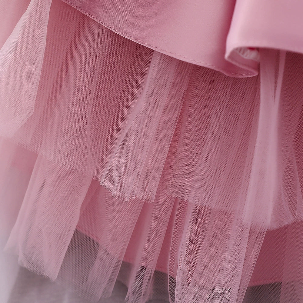 Princess Pink Satin Bow / Tie Back Baptism Bow(s) Tea Length Sleeveless Round Flower Girl Dress