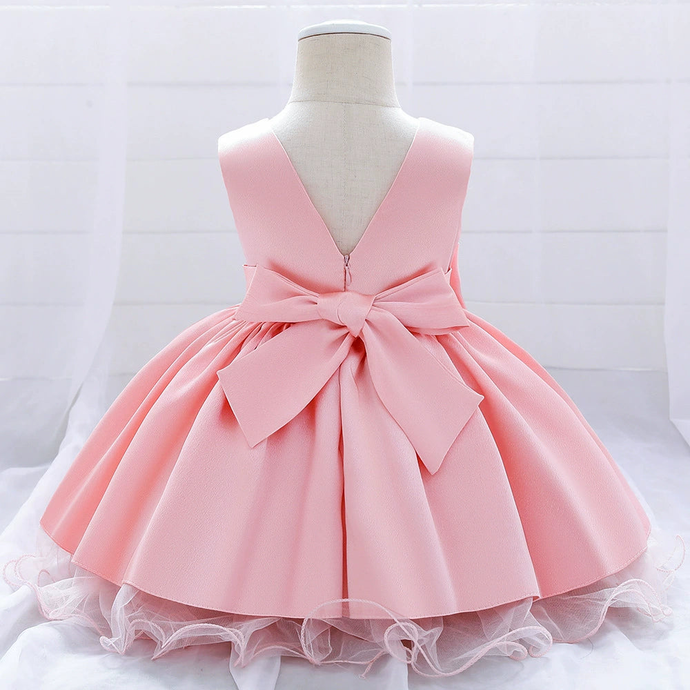 Princess Pink Satin Bow / Tie Back Baptism Lace Tea Length Sleeveless Round Flower Girl Dress