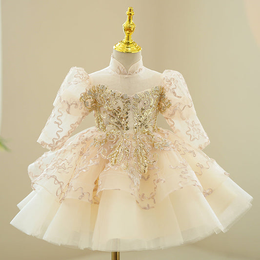 Champagne Sequin Princess Flower Girl Dress Lace 1/2 Lantern