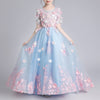 Robe de princesse en tulle et dentelle bleue pour fille, manches mi-longues, nœud