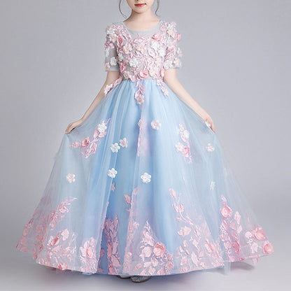 Blue Lace Tulle Princess Flower Girl Dress 1/2 Sleeve Bow