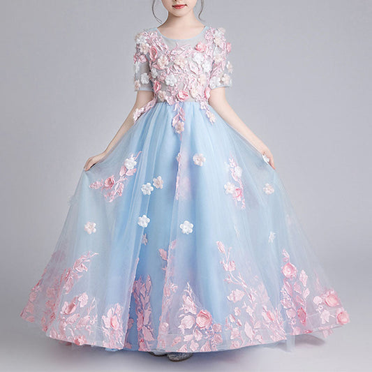 Blue Lace Tulle Princess Flower Girl Dress 1/2 Sleeve Bow