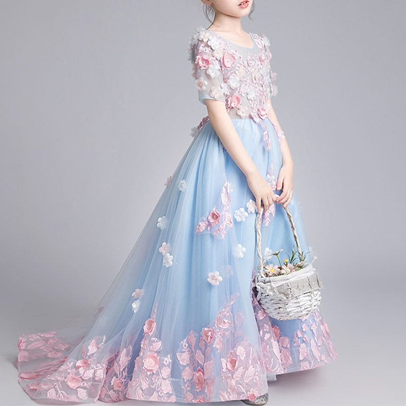 Blue Lace Tulle Princess Flower Girl Dress 1/2 Sleeve Bow
