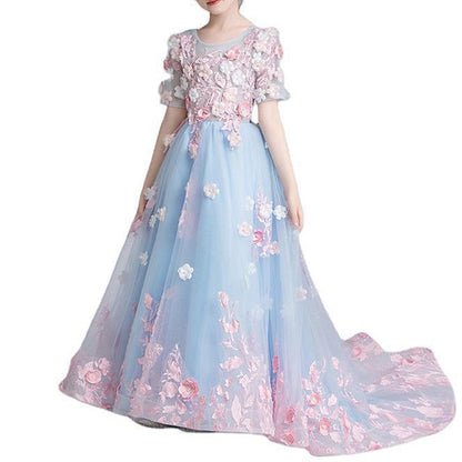 Blue Lace Tulle Princess Flower Girl Dress 1/2 Sleeve Bow