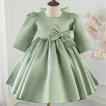 Sage Green Princess Flower Girl Dress Bow Pleated 1/2 Sleeve